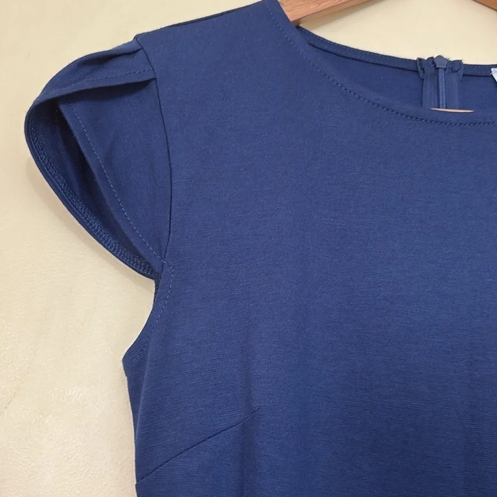 Manydress | NWT Navy Blue Cap Sleeve Belted Unlined Midi Dress Medium - Picture 8 of 14